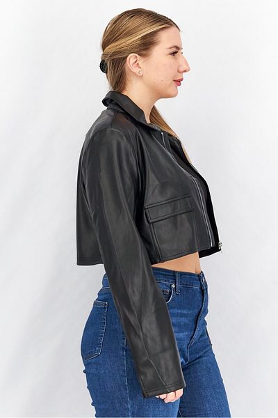 NA-KD Women Pocket Detail Leather Crop Jacket, Black