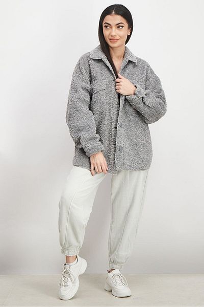 Jennyfer Women Spread Collar Fur Embroidered Button Down Jacket, Grey