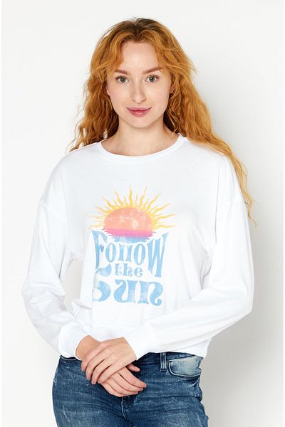 Kensie Women Crew Neck Graphic Print Long Sleeves Sweatshirt, White
