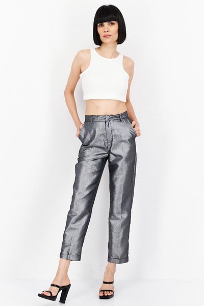 NA-KD Women Glittered Belt Loops Straight Pants, Silver