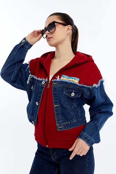 CHOS7N Women's Oversize Combed Cotton and Denim Garnished Jacket Zippered College Coat Printed Daily Use Denim Jacket