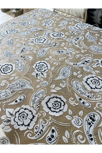 METERİAL Siyah Beyaz Paisley Desenli Aplik Kumaş - Çiçek İşlemeli Tül Kumaş 1...
