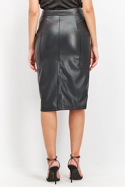 NA-KD Women Leather Front Button Skirt, Black