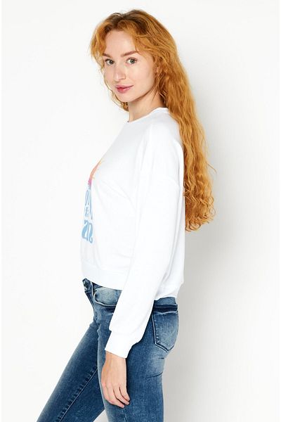 Kensie Women Crew Neck Graphic Print Long Sleeves Sweatshirt, White