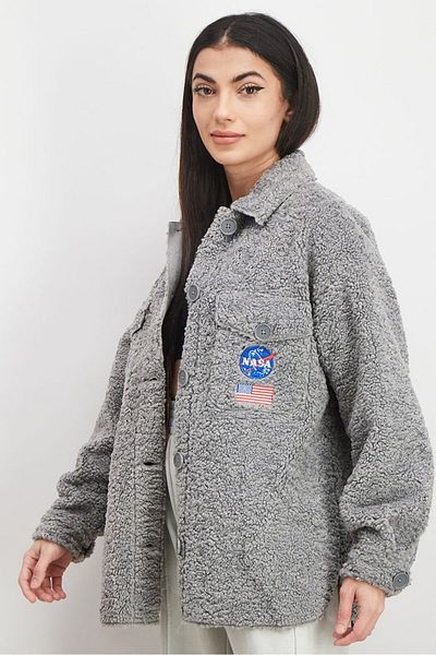 Jennyfer Women Spread Collar Fur Embroidered Button Down Jacket, Grey