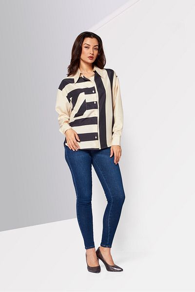 Stella McCartney Womens Point Collar Stripe Print Silk Shirt, Black