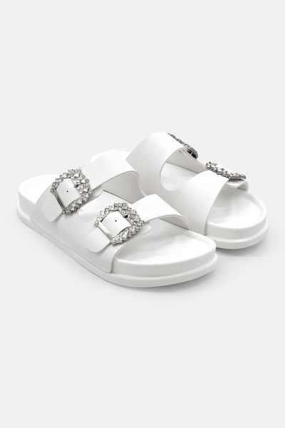 I Love Fashion Women Embellished Buckle Slip-on Slide Sandals, White