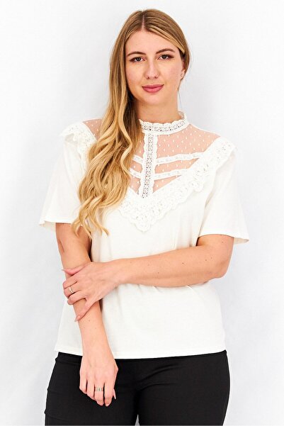 The Kooples بلوزة نسائية بنقشة زهور بأكمام قصيرة ورقبة دائرية، كريمي