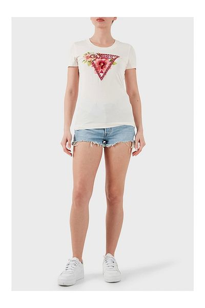 Guess Ss Cn Triangle Beads Tee Women's White T-Shirt W5Gi10J1314-G012