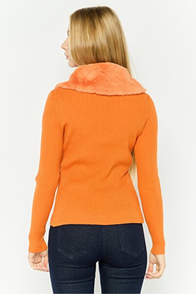 New Look Women Tie Neck Long Sleeve Ribbed Cardigan, Orange