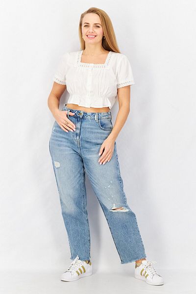 Don't Call Me Jennyfer Women Square Neck Short Sleeves Textured Blouse, White