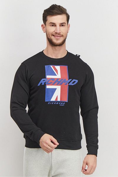 John Richmond Men Crew Neck Long Sleeve Graphic Sweatshirt, Black