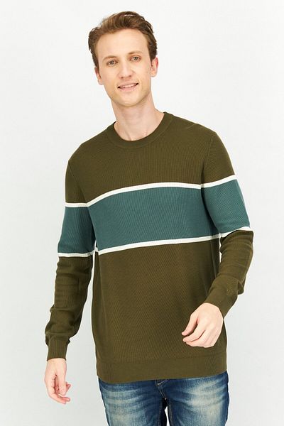 CELIO Men Crew Neck Long Sleeve Colorblock Sweatshirts, Dark Khaki Combo
