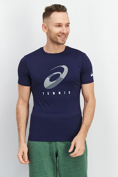 Asics Men Sportswear Fit Crew Neck Short Sleeve Brand Logo T-shirt, Navy Blue