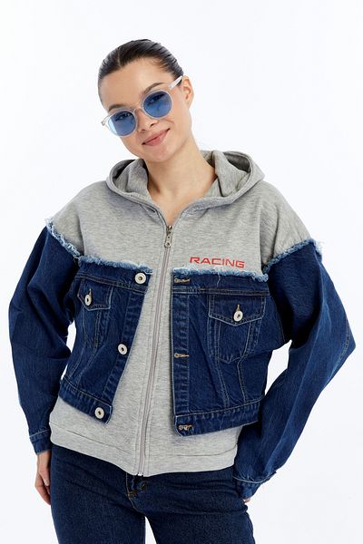 CHOS7N Women's Oversize Combed Cotton and Denim Garnished Jacket Zippered College Coat Printed Daily Use Denim Jacket