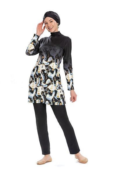 NİSAN LINGERIE Fully Covered Lycra Hijab Swimsuit with Chain Pattern