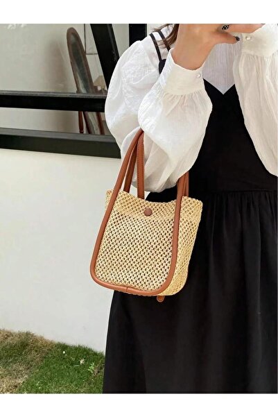 Katusa Women's Tan Puppy Mesh Braided Leather Handle and Button Detailed Hand and Shoulder Bag