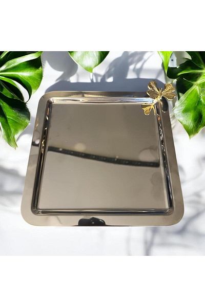 Reis Home 6-Piece Stainless Steel Square Silver Coffee, Tea, Decorative Presentation Serving Tray with Luxury Accessories