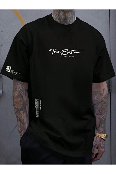 Altamira Ανδρικό μαύρο μπλουζάκι The Boston Printed Crew Neck Oversize