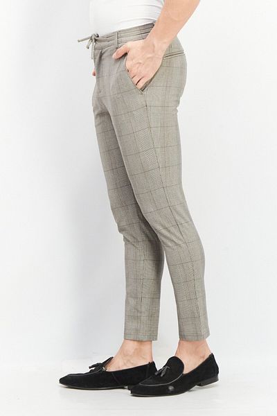 CELIO Men Regular Fit Windowpane Pattern Dress Pants, Beige