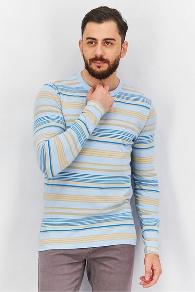 French Connection Men Crew Neck Long Sleeves Stripe Tee, Cerulean