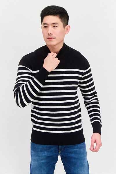 CELIO Men Turtle Neck Stripe Sweaters, Black