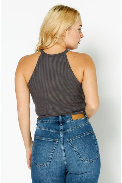 NA-KD Women Crew Neck Sleeveless Textured Crop Top, Dark Grey