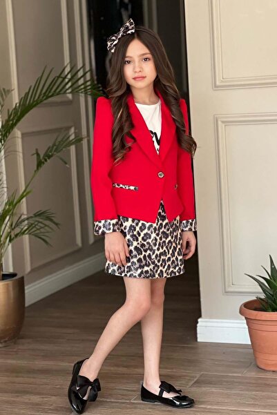 Riccotarz Girl's Love Text Print Blouse Leopard Detailed Red Blazer Jacket Leopard Detail Sequin Skirt Suit
