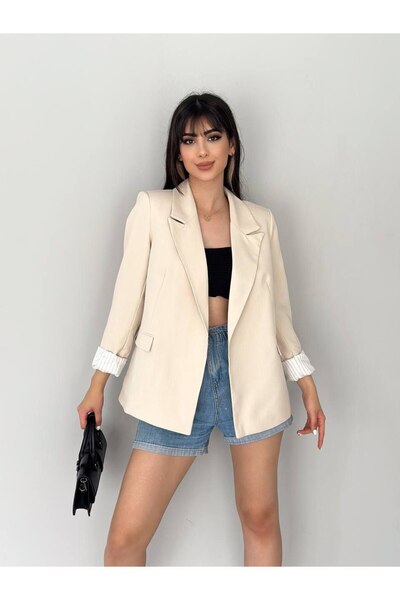 BARG FASHION Kadın Katlanabilir Kol Astarı Çizgili Blazer Ceket