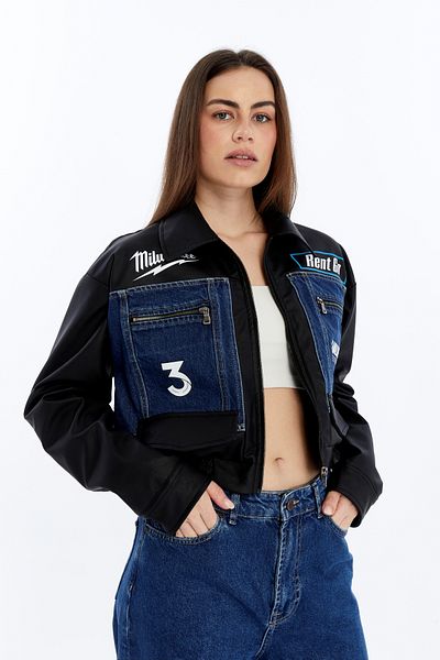 CHOS7N Jachetă de blugi oversize pentru femei, cu mâneci din piele, cu garnitură, haină de motociclist, cu imprimeu, pentru curse, pentru colegiu
