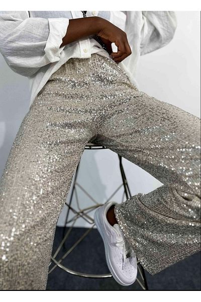 Şeker Portakalım Beige Colored Loose Cut Design - Elastic Waist and Sequin Sequined Trousers