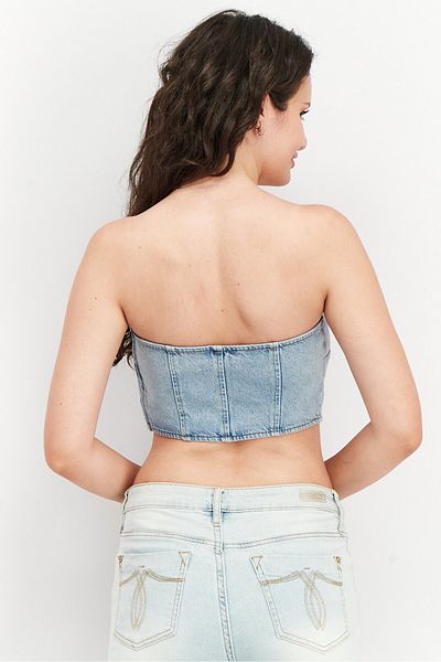 NA-KD Women Straight Across Strapless Denim Tube Top, Light Blue