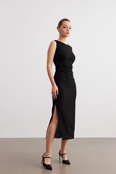 Trendseninle Rochie neagră de damă, lungime maxi, cu talie cu fante, cu detaliu de adunare