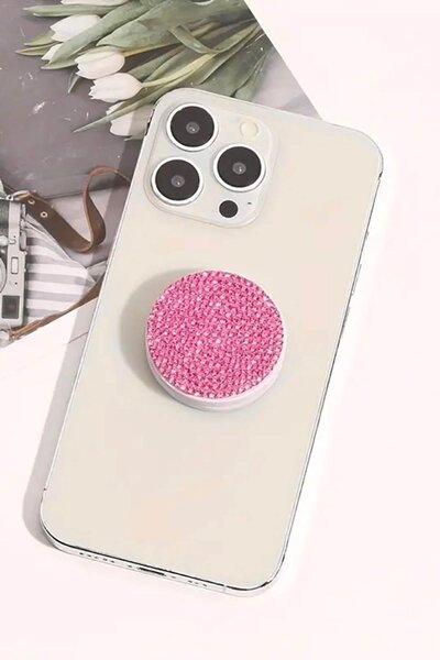 TAKIŞTIR Pembe Renk Taş Detaylı 3D Telefon Tutacağı