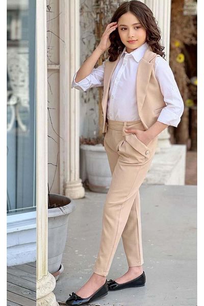 Riccotarz Girl's Silver Button Detailed Vest Gabardine White Shirt Cream Bottom Top Set