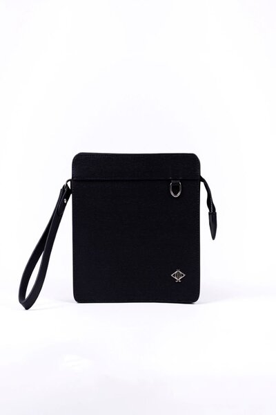 dellel Schwarze All2 Clutch, bedrucktes veganes Leder, Hartschalenetui, stylische & kompakte Handtasche