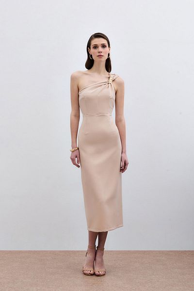 Sateen Beige Detailed Accessory Dress
