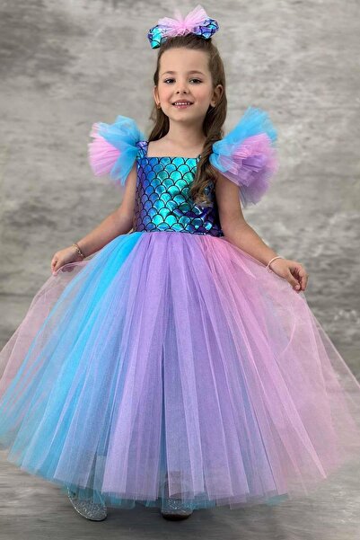 Riccotarz Girl's Square Neck, Zero Sleeve, Tulle Detail on Shoulders, Sequined Bust, Colorful Tulle Evening Dress