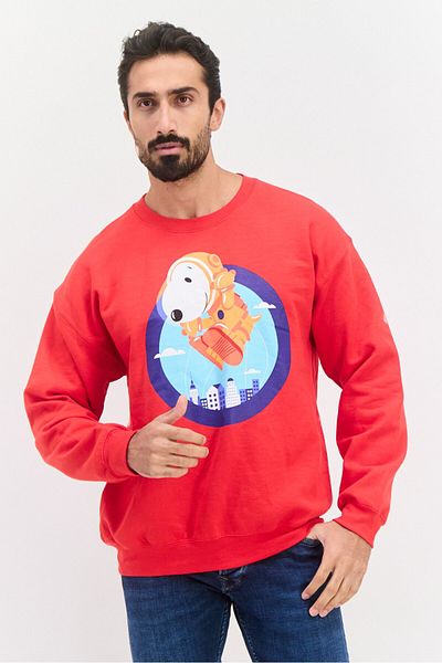 PEANUTS Men Crew Neck Long Sleeves Graphic Sweatshirt, Red