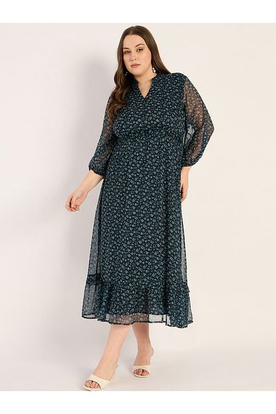 Femmella By Styli Plus Size Floral Print V Neck A-Line Midi Dress