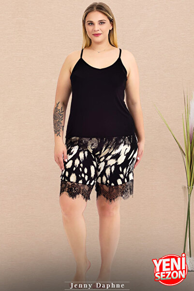 Jenny Daphne Lady Plus Size Print Shorts Suspender Zero Sleeve Lace Shorts Pajama Set 10425