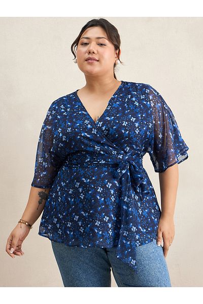 Femmella By Styli Plus Size Floral Print Wrap Top with Tie Detail