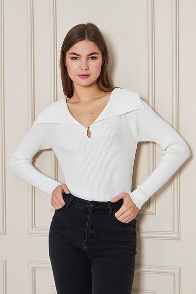 Irmak Kerekli Women's Ecru Shawl Collar Ribbed Sweater 2906