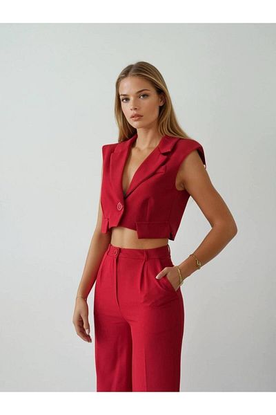 MİSSCİXFASHİON Women's Red Evening Dress Jacket and Pants Double Set