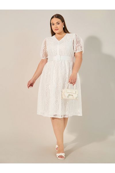 Styli Plus Size Lace Puff Sleeve Belted Midi Dress