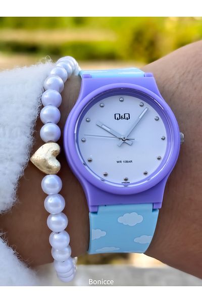 Q&Q 10 Bars Purple Glitter Dial - Wristwatch and Bracelet Gift for Girls' Pool and Sea Use