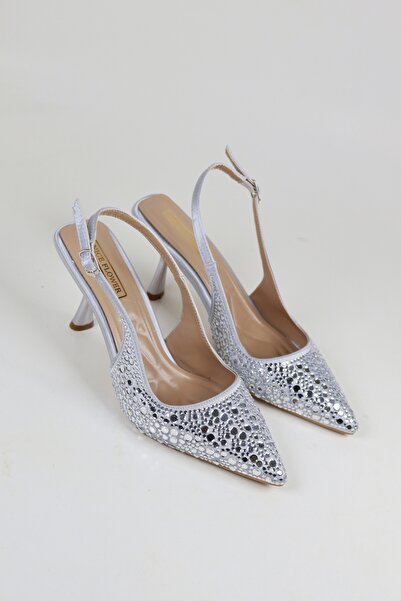 NiceDiffer Kadın Gümüş Ayna Detaylı Kumaş Abiye Stiletto Topuklu Ayakkabı