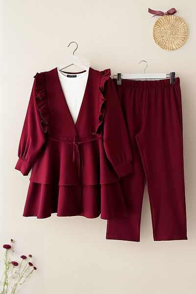 MODAQU Frilly Rope Belted Tunic Trousers Suit - Claret Red