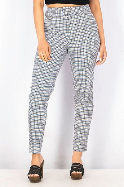 Esprit Women Regular Fit Belted Woven Pants, Blue Combo