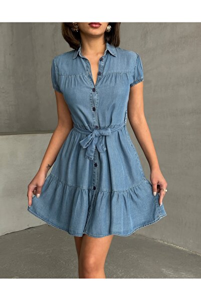 Miss Prova Μίνι λαστιχένιο μανίκι με κορδόνια μέχρι το καλοκαιρινό τζιν φόρεμα MİSS8955